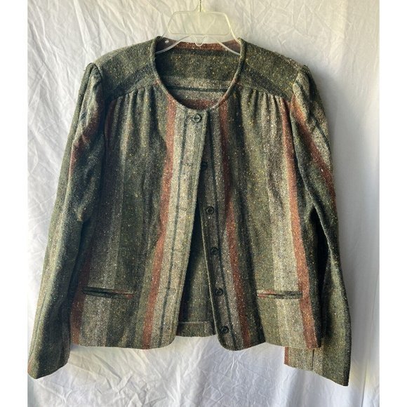 Vintage A Line Midi Wool Blend Long Skirt Jacket Set Sweet Apple Olive Striped - Picture 5 of 13